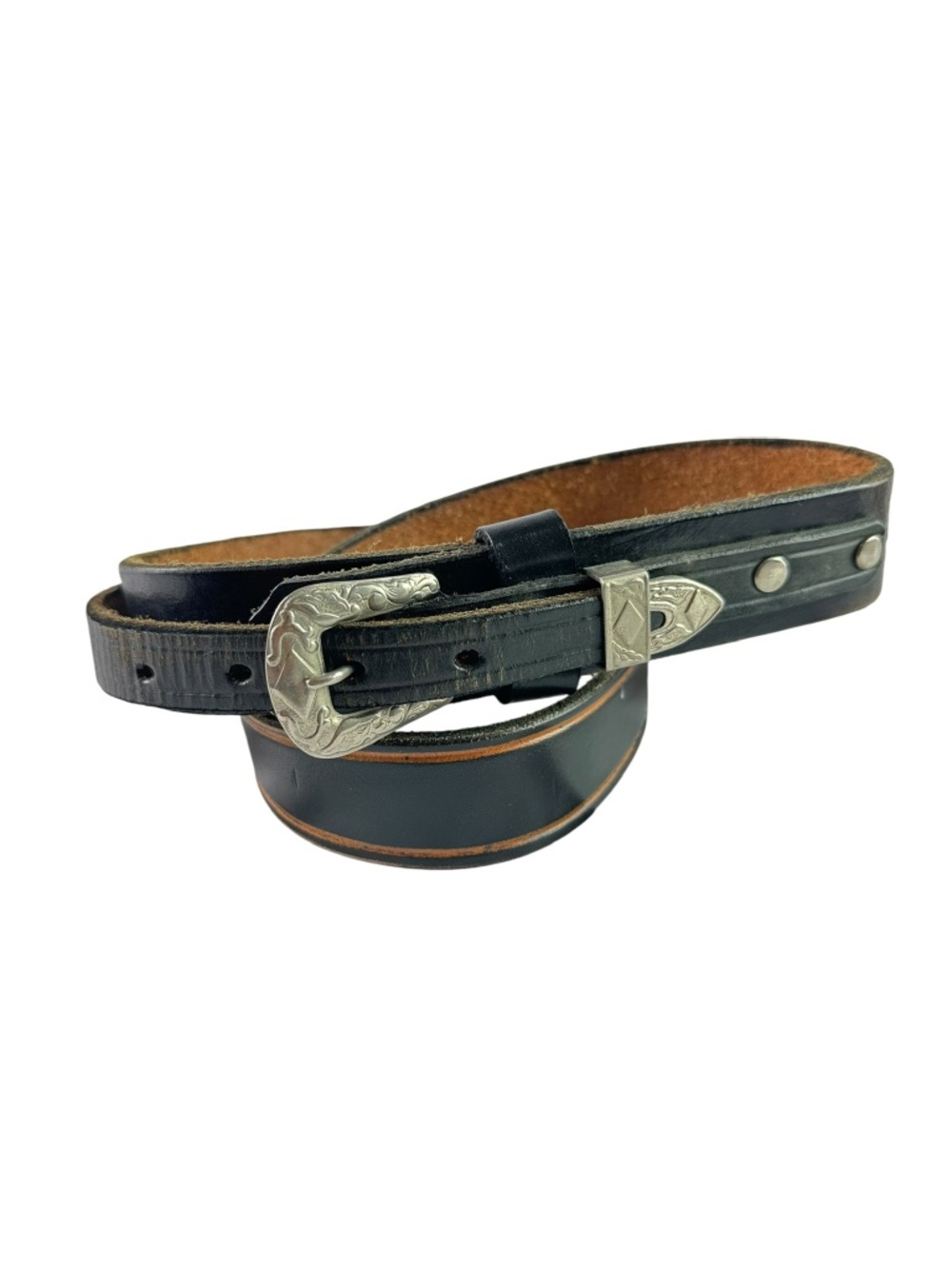 Genuine Vintage Black Leather Horse Belt Silver Buckle Western Unisex Belt 36